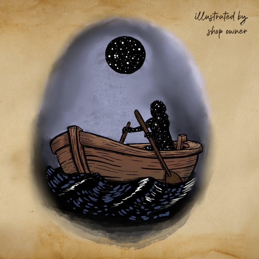 An illustration of a mysterious starry figure in a rowboat under the New Moon