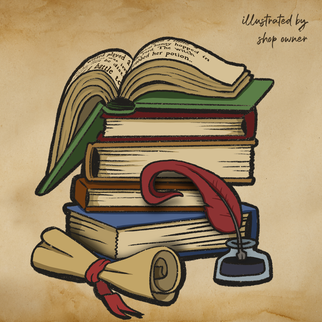 Illustration of books, a scroll, and a quill on a textured background