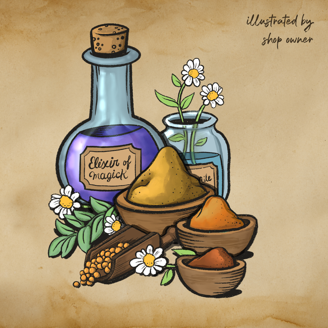 Illustration of a potion bottle labeled 'Elixir of Magick' with ingredients on a beige background featured on the Apothecary label