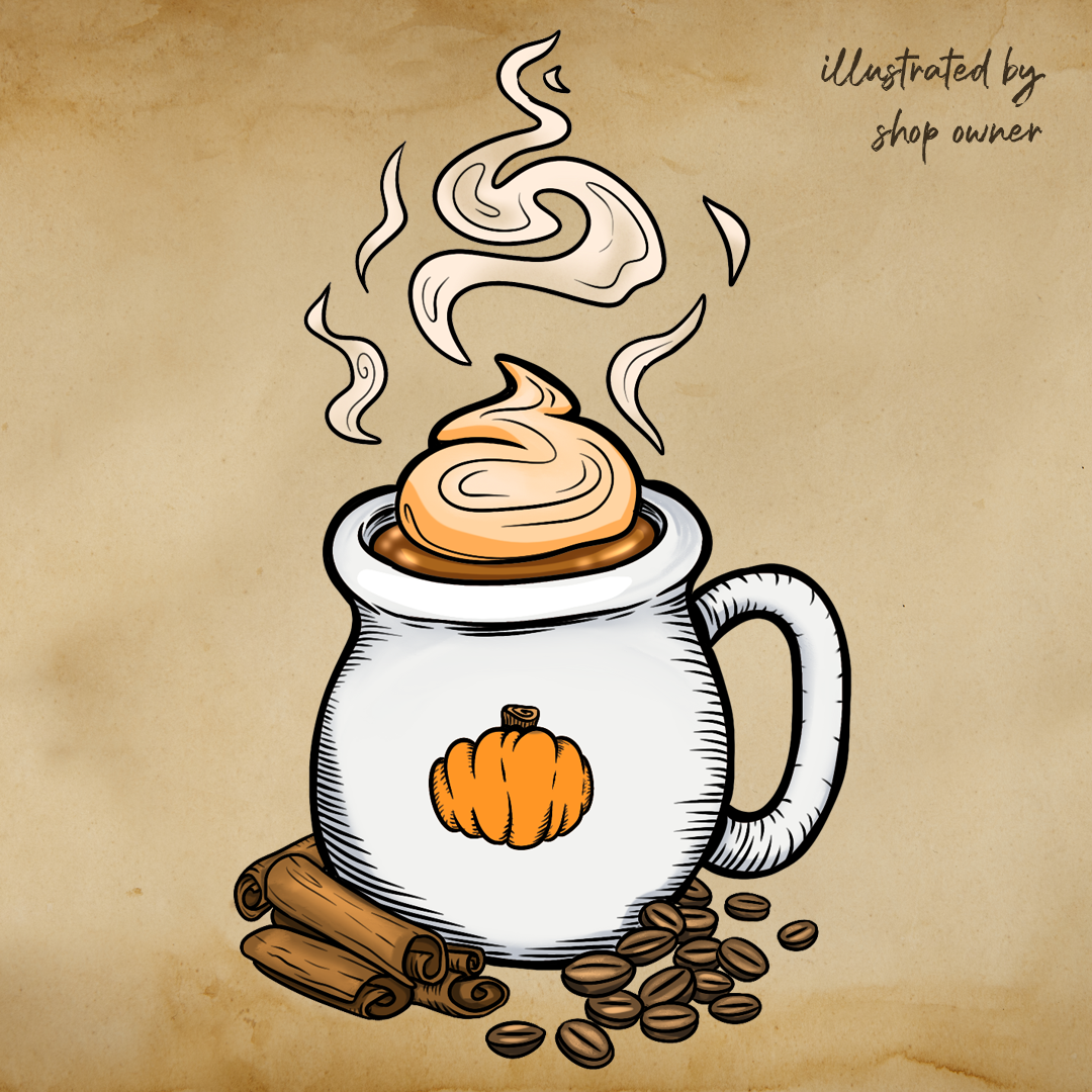 An illustration of a steamy coffee cup topped with foam and cinnamon sticks scattered about.