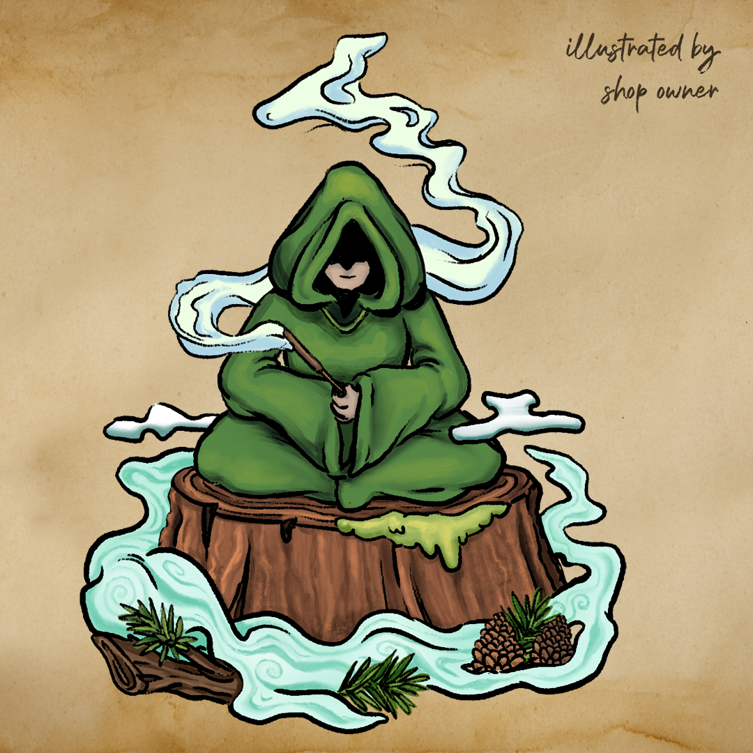 An illustration of a hooded figure meditating on a stump whilst green mist and incense smoke swirls around them.