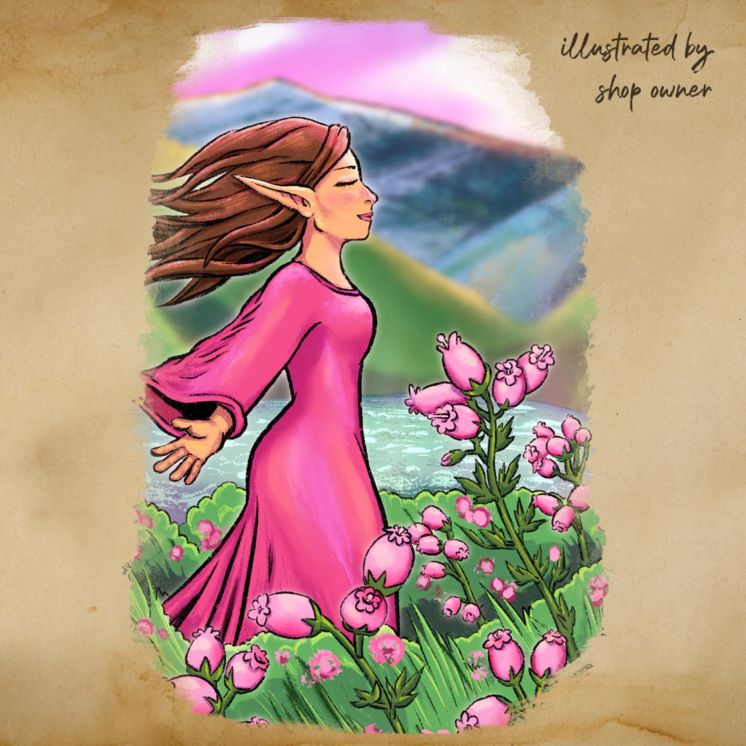 Illustration of an elf in a pink dress standing among flowers with a scenic background featured on the Elven Meadow label.