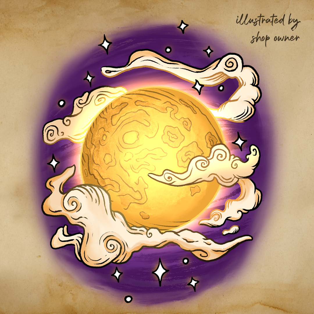 An illustration of a full harvest moon wreathed in wispy clouds