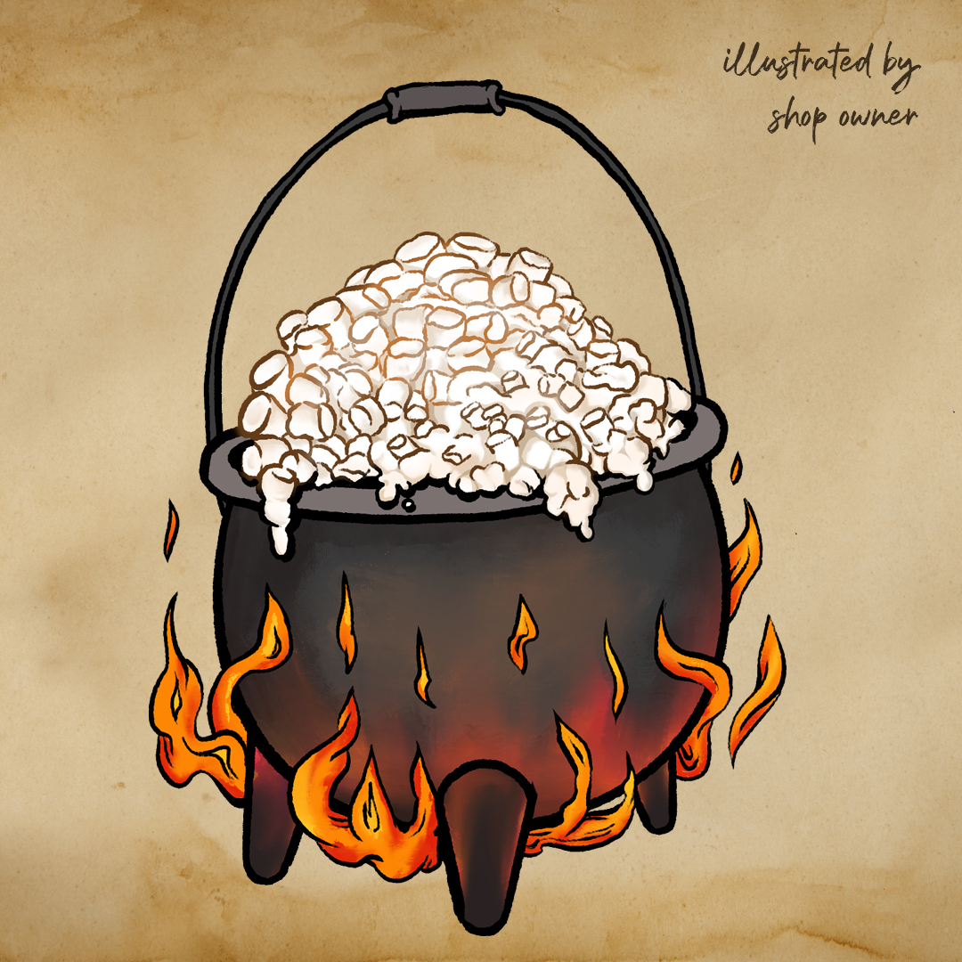 An illustration of an iron cauldron, licked by flames, overflowing with marshmallows.