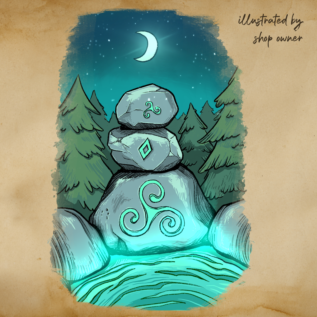 Illustration of stones with symbols in a forest at night, moonlit sky featured on the Mystic Spa label.