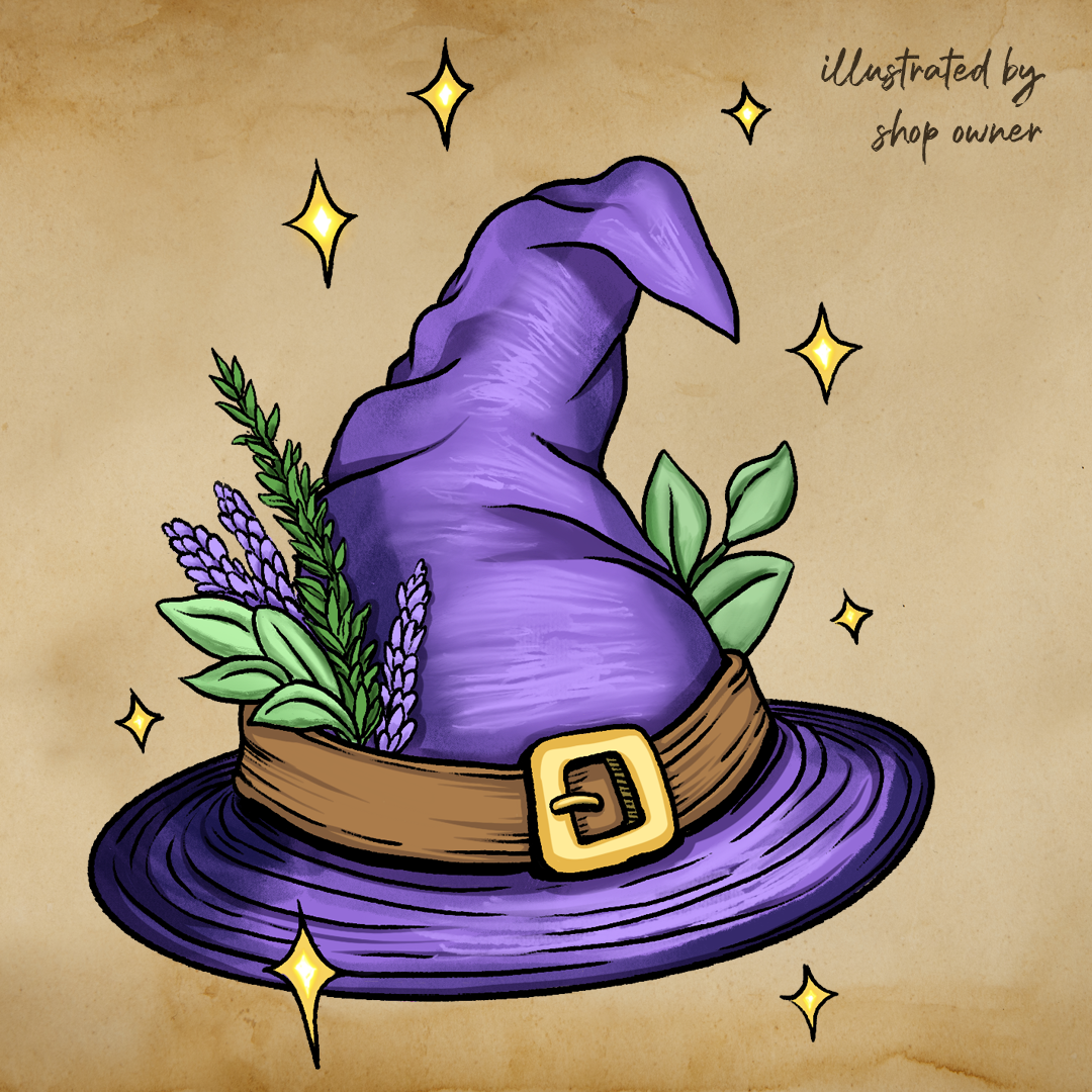 An illustration of a Purple witch hat witch herbs tucked in near the brim