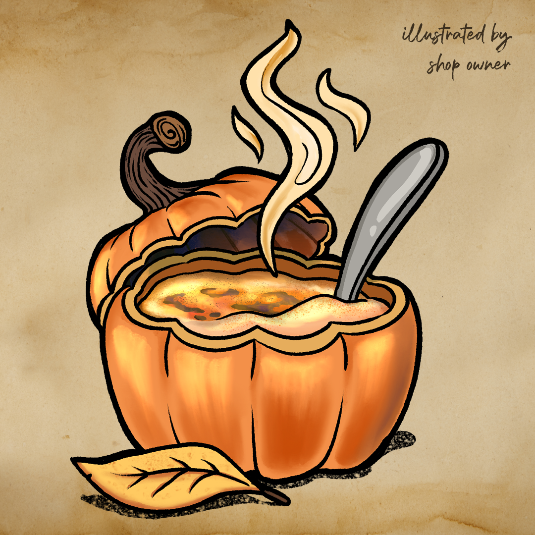 An illustration of a carved pumpkin bowl steamy and filled with fresh Creme Brulé