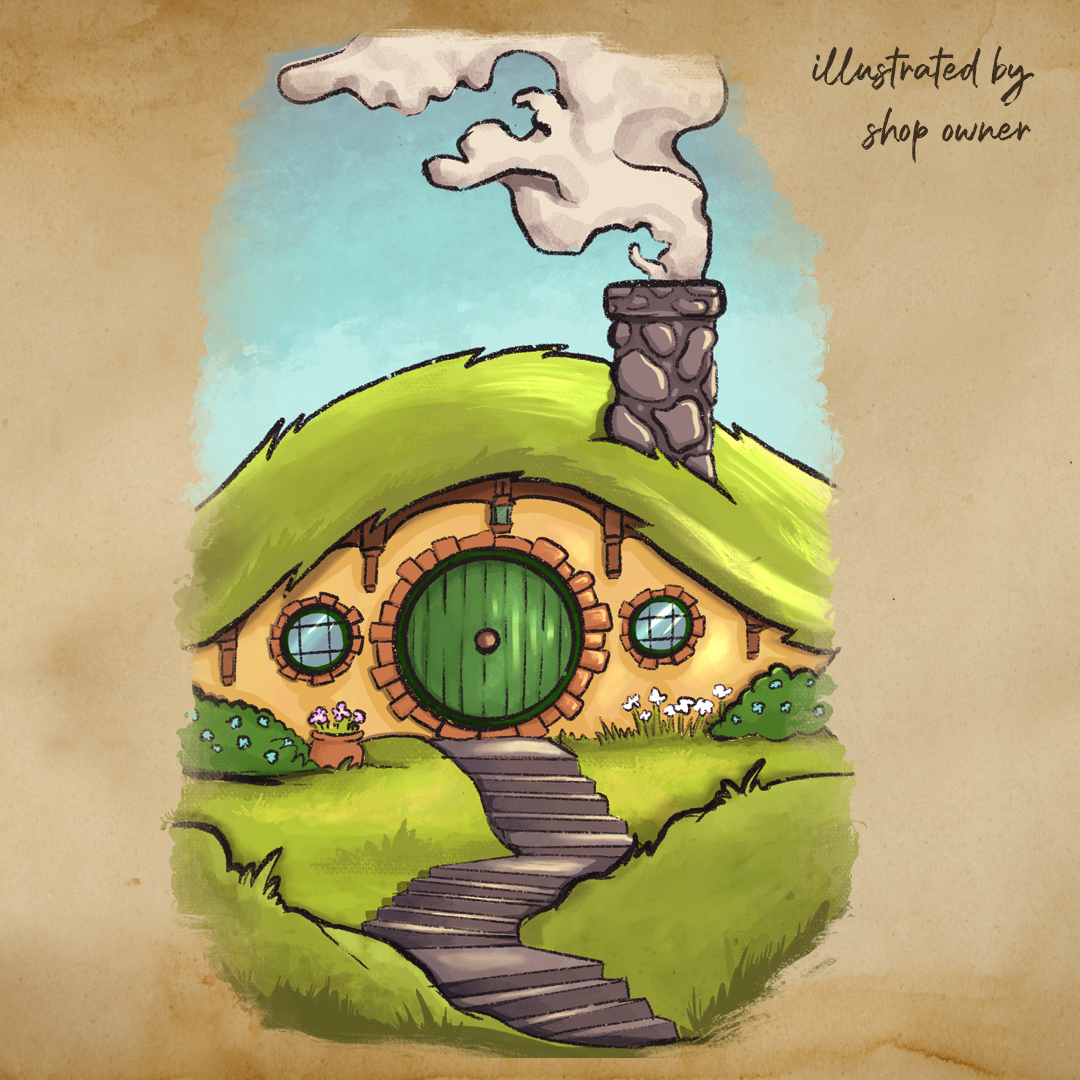 Illustration of a hobbit house with a green door and chimney in front of a blue sky featured on The Shire's candle label